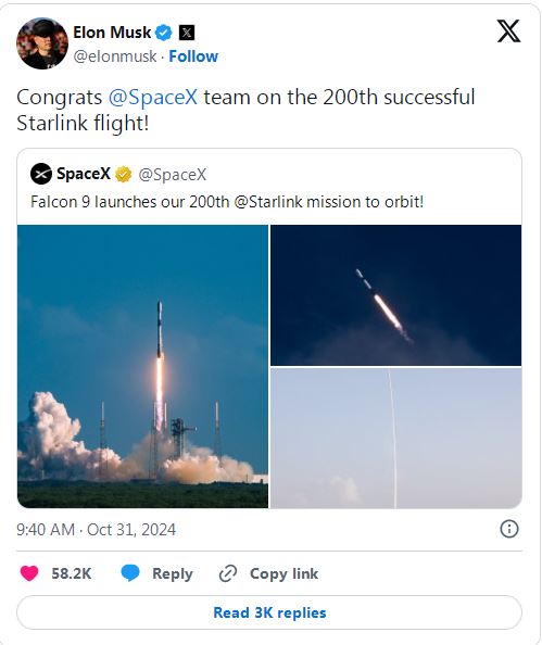 SpaceX完成第200次星链发射任务，马斯克祝贺